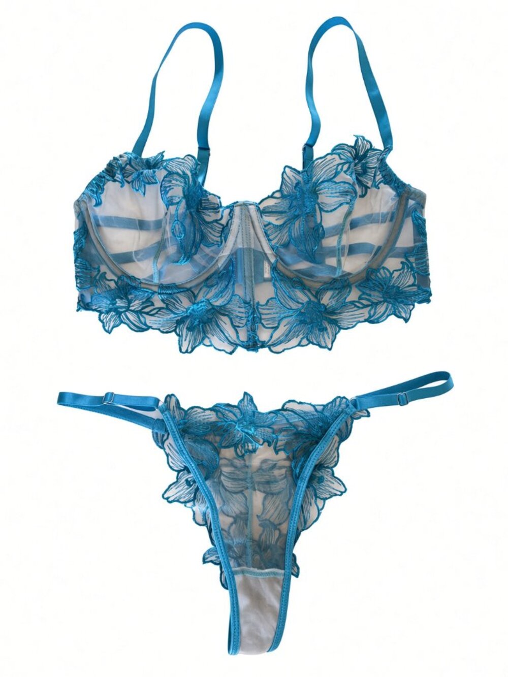 Teal Embroidered Lace Bra & Thong Set Size M Sheer Strappy Lingerie